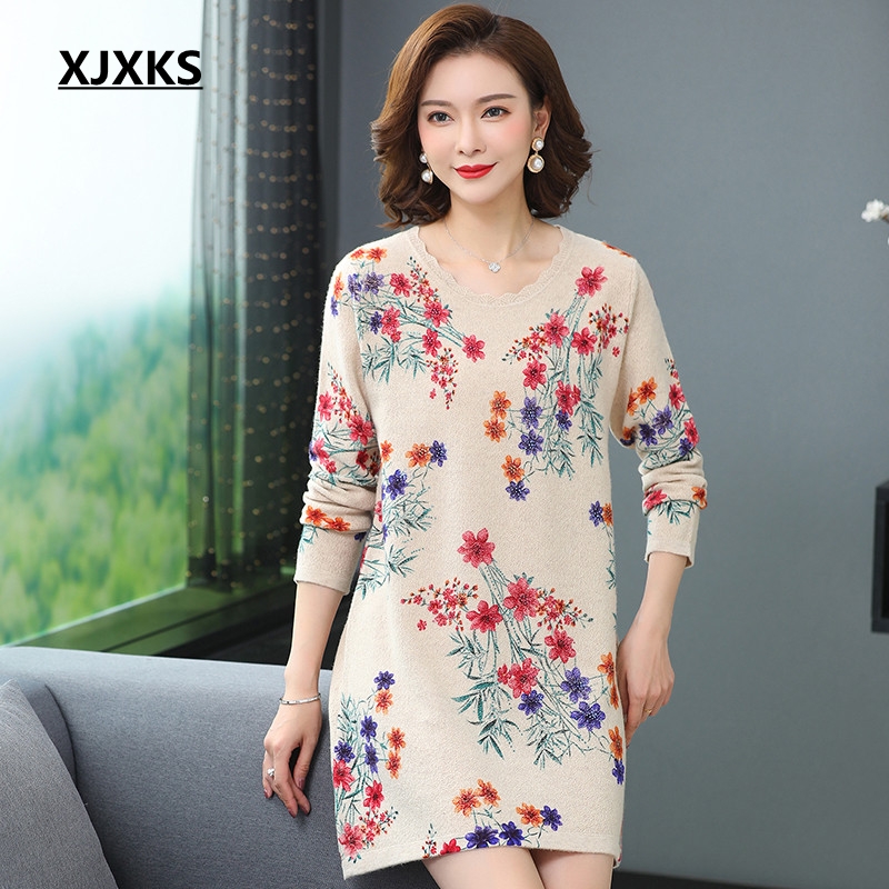 

XJXKS 2020 Spring Midi Long Sweaters For Women New O-Neck Print Knitted Pullovers Lady 100% Wool High-end Casual Sweater, Beige