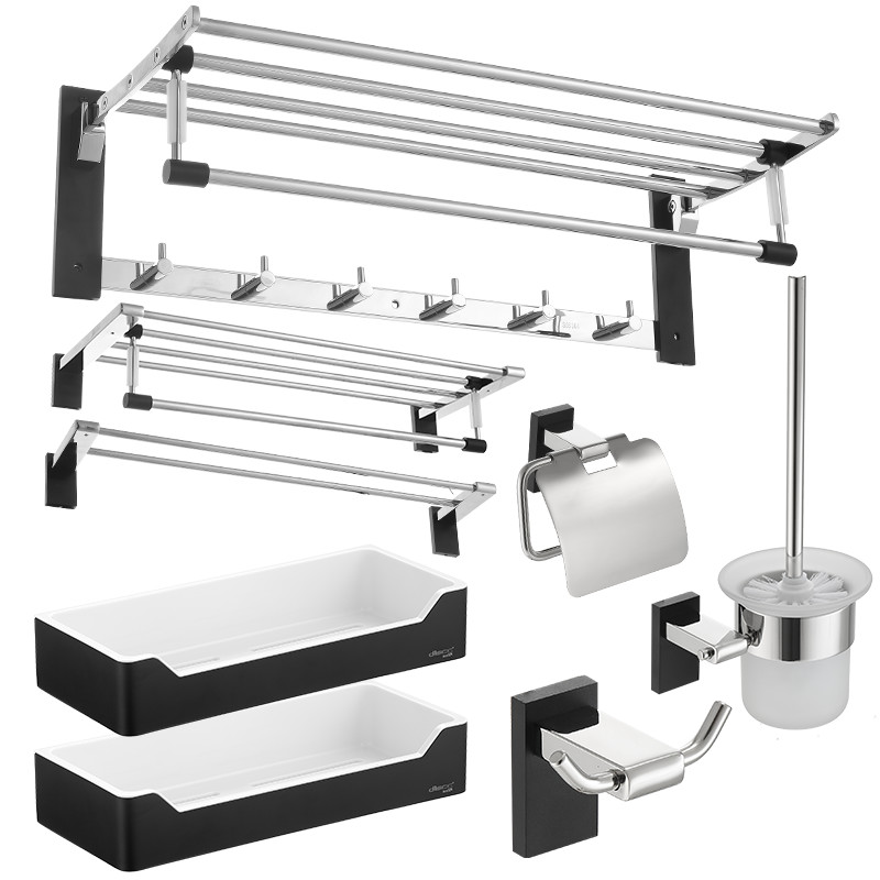 

Bathroom Accessories Polished Silver Toothbrush Holder Metal Black Finished Bathroom Hardware Set Towel Ring Bahtroom Shelf