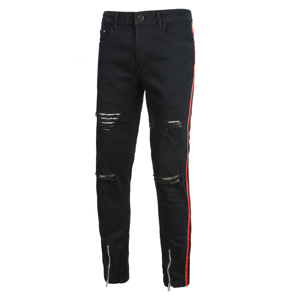 Fashion Mens Cool Designer Brand Black Zipper Jeans Skinny Ripped Destroyed Stretch Slim Fit Hop Hop Pants With Holes For Men-image-475194593