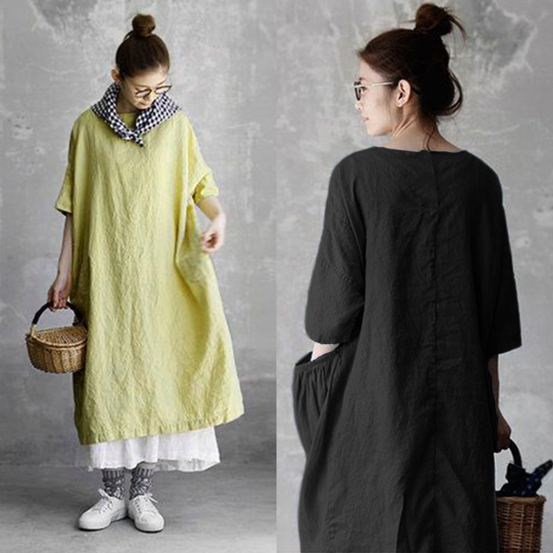 

Vintage Casual Dress Women' Sundress 2020 ZANZEA Summer Long Dress Female 3/4 Sleeve Baggy Vestidos Linen Robe Femme Plus Size, Yellow