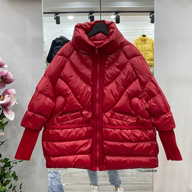 

New 90% Winter Down Jacket Women Loose Ultra Light White Duck Down Coat Parkas Female Turtleneck Pockets Thick Warm Overcoat, Red