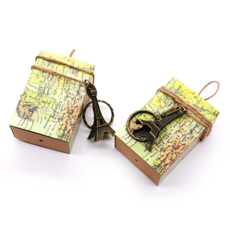 

10pcs Kraft Vintage Travel Candy Box With Compass Eiffel Tower Chocolate Packaging Gift Box Gifts Bag Party Wedding Favors