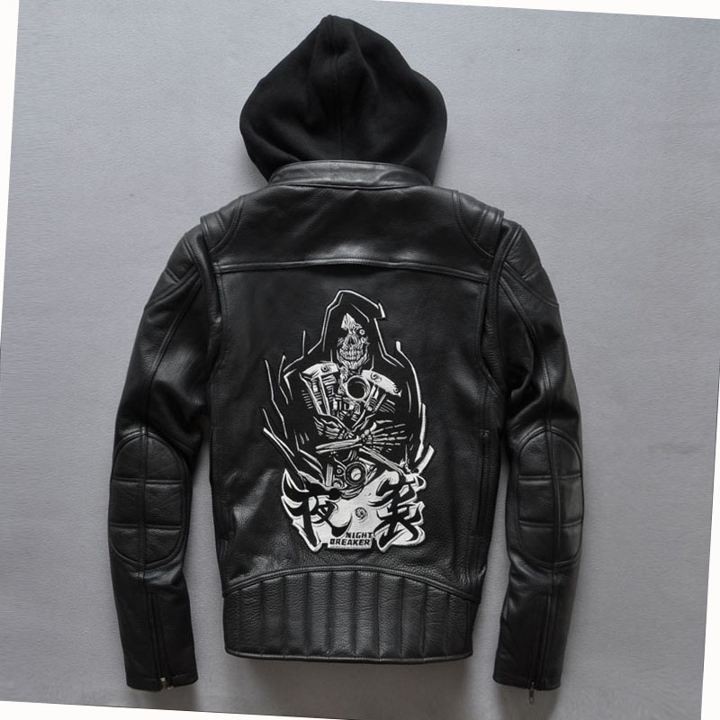 

2018 night breaker hooded motorcycle leather jacket men Black cowskin leather coats with skulls casual biker suits