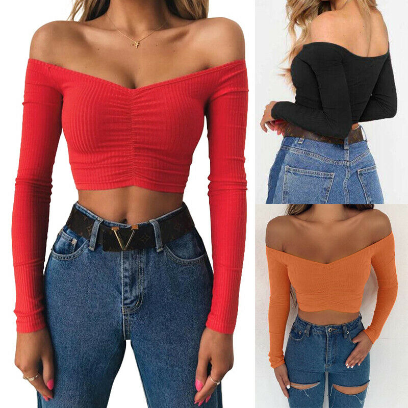 

Autumn New Solid V Cut off Shoulder Long Sleeve Crop Tops Women 2019 Knitted Smocked Wrap Basic Skinny Bodice Short T Shirt, Black