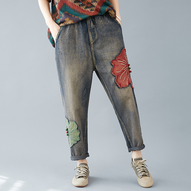 

2020 Spring Women Literature Patch Embroidery Flower Elasticated Waist Jeans Female Retro Loose Vintage Washed Straight Pants, Blue
