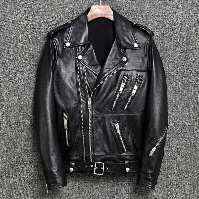 

double 2020 men' zipper motorcycle leather with belt balck sheepskin slim fit moto biker jacket men rivet rider coat mal, Black
