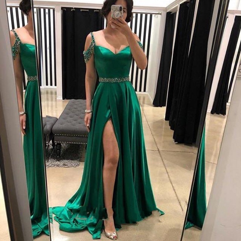 

Hot Sale Split Prom Dresses Green A Line Long Evening Gowns Crystals Vestidos De Fiesta Satin Plus Size Formal Dress, Royal blue