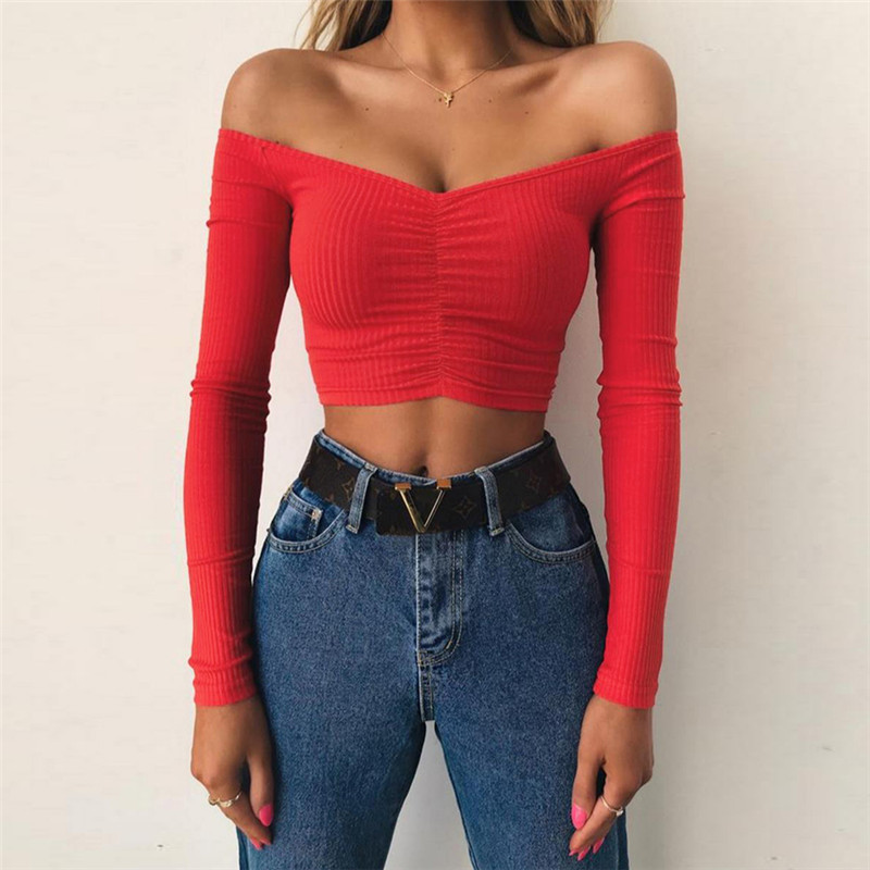 

2019011007 Elegant Red Off Shoulder Long Sleeve Ribbed T-shirt Women Sexy Knitted Basic Stretch T Shirt 90s Girls Crop Top Tees, White