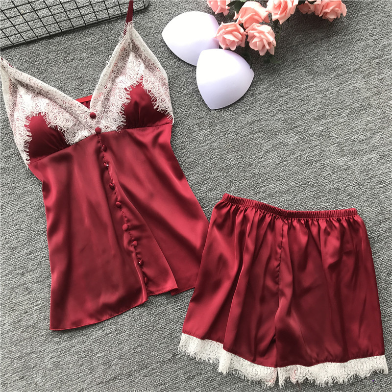 

Daeyard Women Clothes 2019 Summer Pajamas With Shorts Silk Satin Ladies' Pyjamas 2pcs Sleepwear Suits Sexy Lingerie Lace Nighty, Black