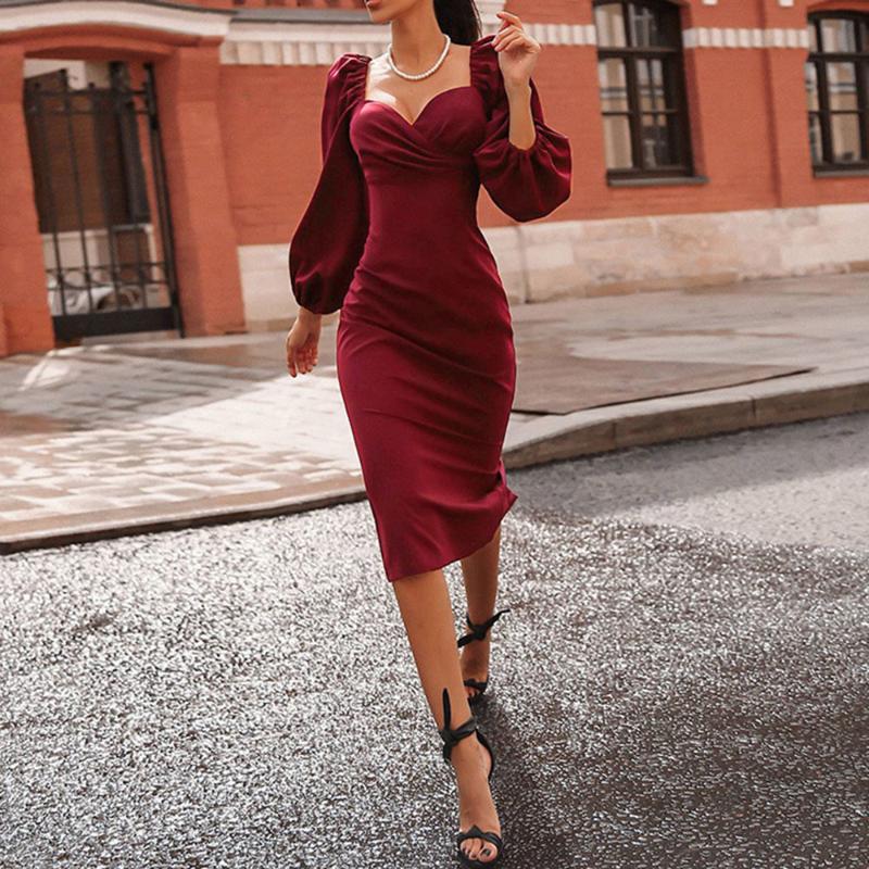 

Office Ladies Slim Bodycon Dresses Red Black Lantern Sleeve Nine Points Sleeve Mid-Calf Dress Elegant Party Dresses Fall Spring