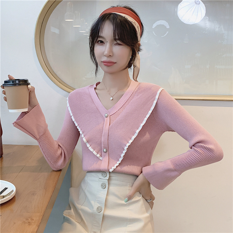

2019 Winter & Autumn New Arrival Korean Long-sleeved Sweater Trumpet Sleeve Knit Sweater Women Bottoming Free Shipping, Black
