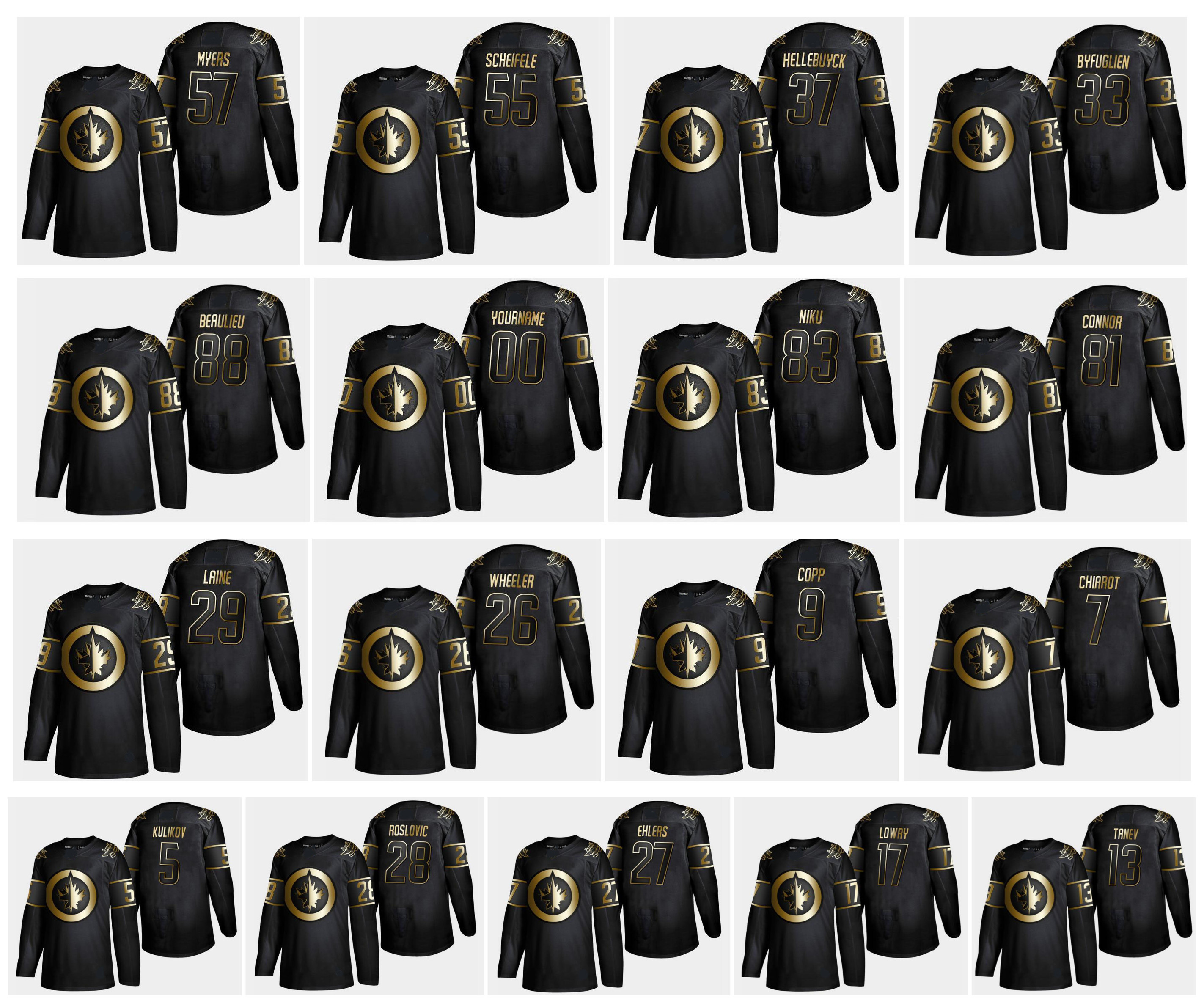 

Golden Edition Winnipeg Jets Jersey 26 Blake Wheeler 29 Patrik Laine 33 Dustin Byfuglien 81 Kyle Connor 55 Scheifele 7 Dmitry Kulikov Hockey, Custom name number