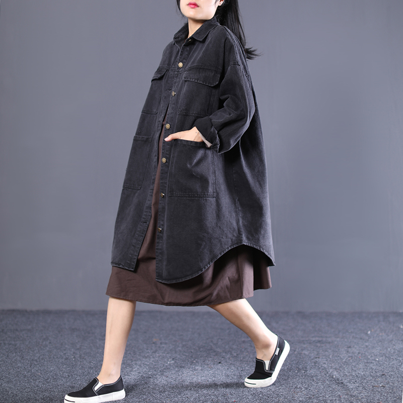 

EWQ] 2020 Spring Autumn Loose Solid Color Full Sleeve Single Breasted Lapel Collar Vintage Windbreaker Women Large Size 655, Black
