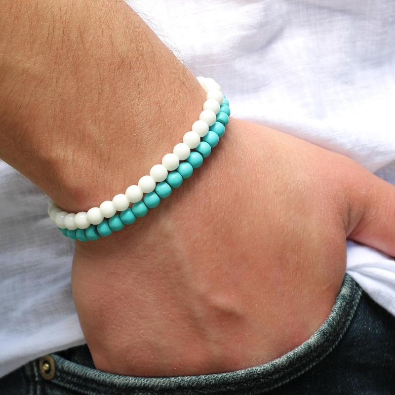 

Charm Bracelets Fashion Men's Bracelet Surfer Set Mens Beaded Wrist 4mm Turquoisebeads WhiteAgate Gift