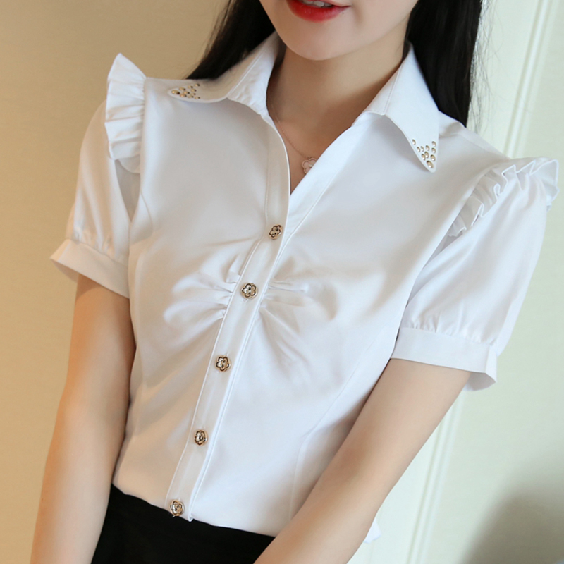 

korean style ruffle short sleeve rivet collar button up shirts plus size office tops puff sleeve white blue blouse women C504