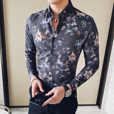 

Spring long-sleeved wild casual shirt thin retro printed shirt men' Korean Slim trend handsome anti-wrinkle ironing, Khaki