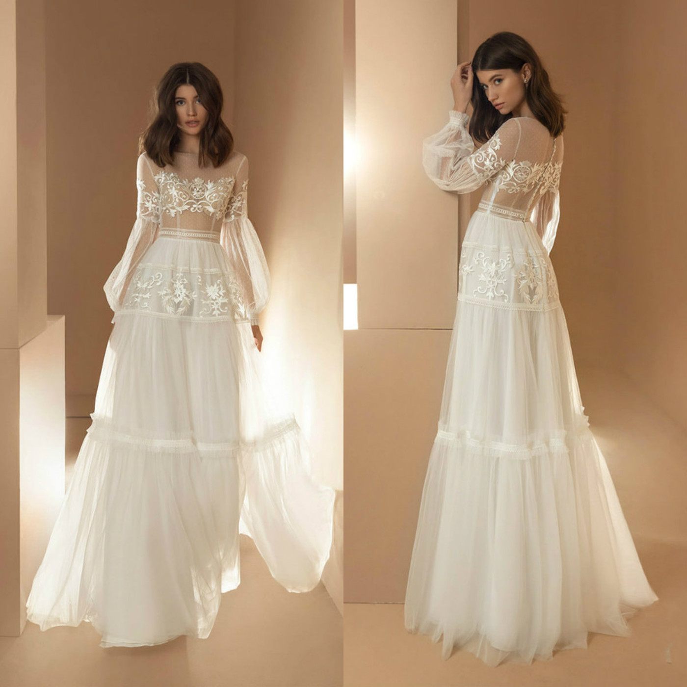 

Tony Ward 2020 Wedding Dresses Long Sleeves Lace Appliques Bridal Gowns Custom Made Button Back Floor Length A Line Wedding Dress, Black