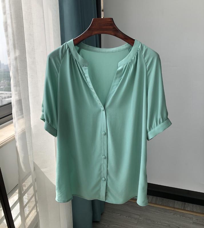 

Women Shirt Buttons Turquoise Silk Short Sleeve Shirt Girls