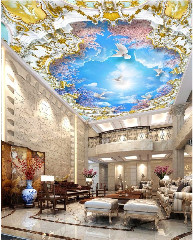 

WDBH 3d ceiling murals wallpaper custom photo Blue sky cherry tree dove painting bedroom home decor 3d wall murals wallpaper for walls 3 d, Non-woven