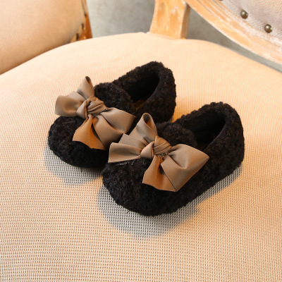 

Kids Fashion Cotton Shoes Girls Fur Shoes Children Solid Color Flats Kids Low-top Shoe bow-knot First Walkers 2019 New Trend Hot Sale, Black