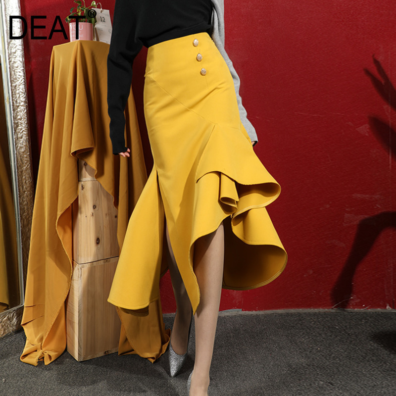 

DEAT 2020 new spring and summer fashion designs office lady High-waist irregular fishtail skirt mid-length wrapped WL61207L, Black
