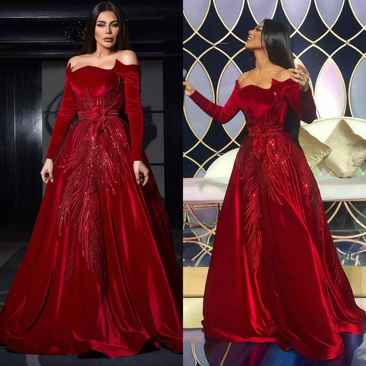 

2020 Red Robes De Soirée Off The Shoulder A Line Velvet Sequins Beads Long Sleeve Evening Dresses Custom Made Plus Size Prom Dress, Lavender