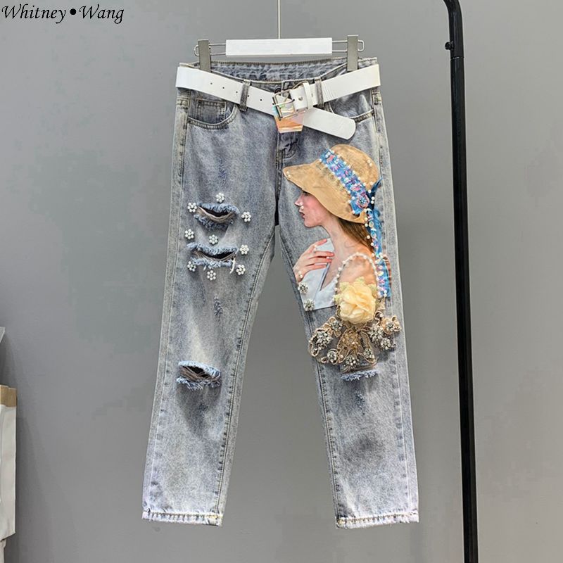 

WHITNEY WANG 2019 Summer Fashion Streetwear Character Patchwork Pearls Beading Holes Jeans Women Denim Pants, With belt