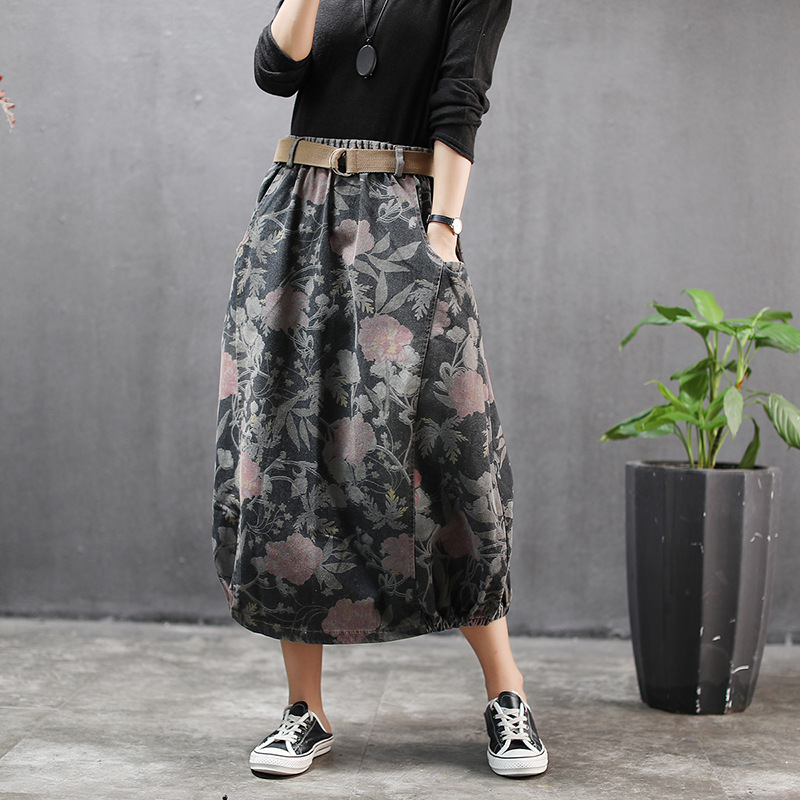

Denim Skirts Women Vintage Floral Print Elastic Waist With Belt A-Line Skirts Female Loose Casual Long Skirt