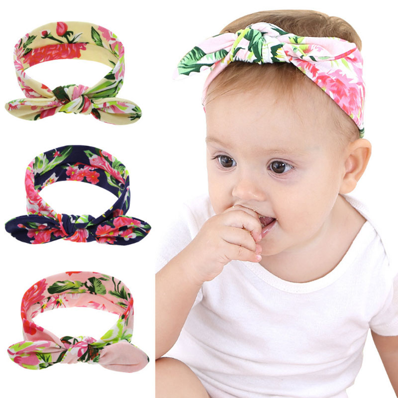 

Hot selling Baby Girls Bunny Ear Headbands Infant Peony Print Twisted Knot Head Wrap Children Hair Accessories, Mixed