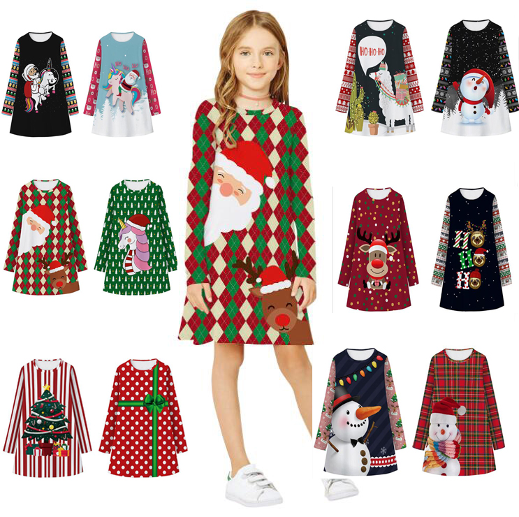 

Kids Dresses For Girls Long Sleeve Deer Snowflake Print Dress New Year Costume Princess Dress Kids Christmas Clothes Vestidos, 1# to 12# to choose