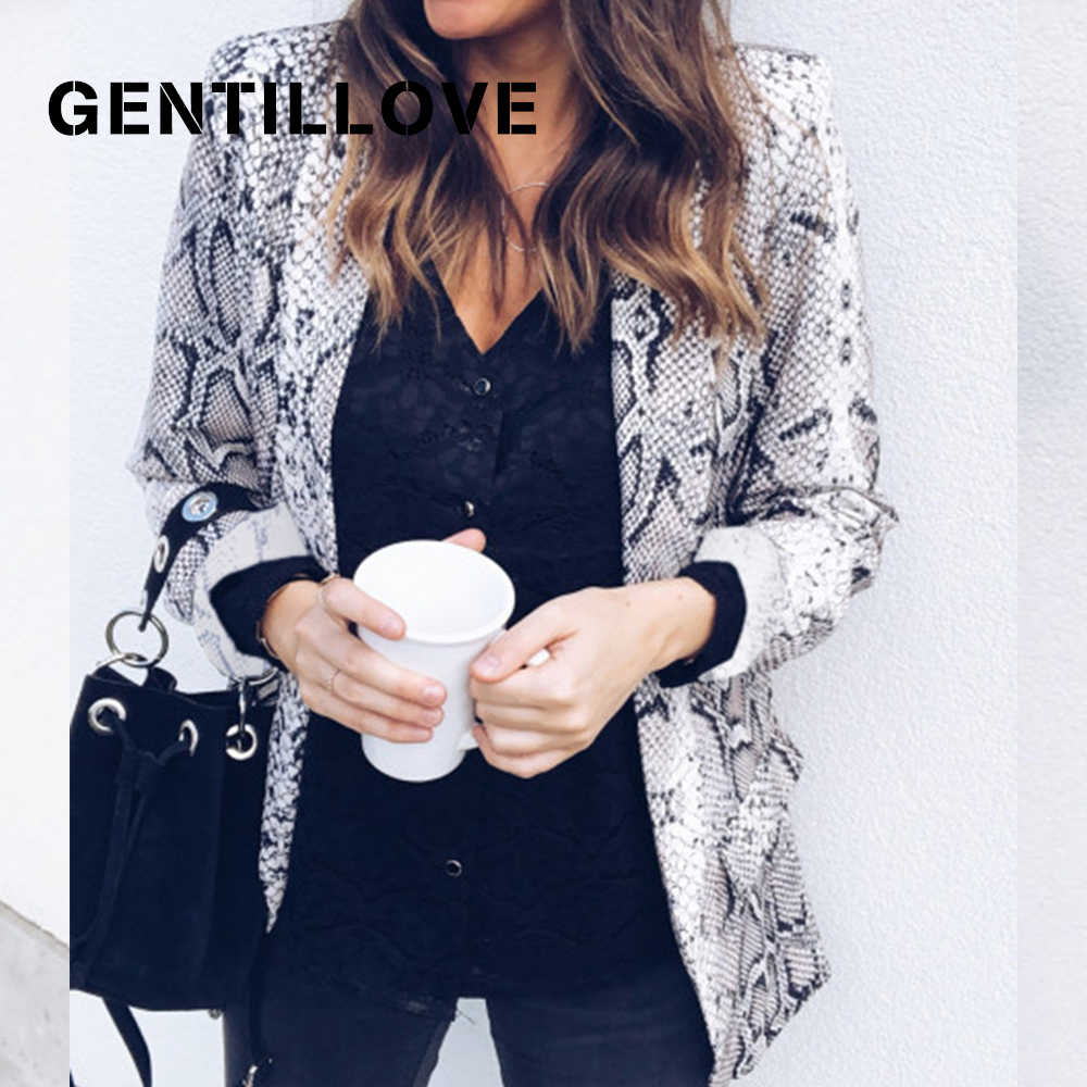 

Gentillove Fashion 2019 Autumn Vintage Snake Print Blazer Pockets Leopard Sexy Long Sleeve Coat Notched Collar Casual Outerwear, Beige