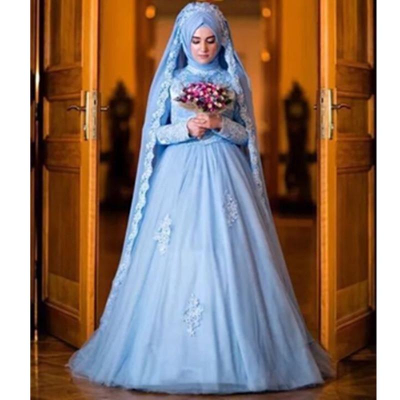

A Line Modest Muslim Wedding Dresses New Sky Blue Bridal Gowns Full Sleeve Appliques Tulle Castle Top Sale Custom Made Sweep Train Z95, White