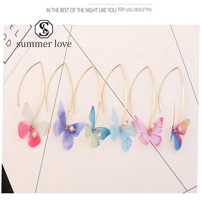

New Fashion Chiffon Butterfly Earrings For Women Girls Imitation Pearls Big Hook Long Dangle Earrings Tulle Wings Party Jewelry Gift-Y, Golden;silver