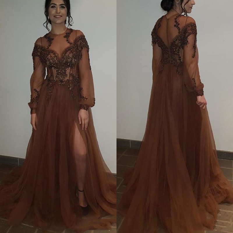 

Sheer Neck Brown vestido de noche long Sleeve Evening Dresses See-Through Lace Side Split Prom Dresses Formal Party Dresses