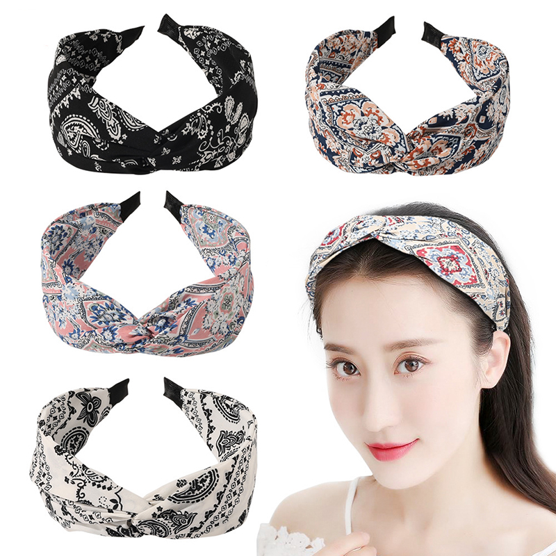 

Hair Accessories Headwrap Cloth Fabric Hair Hoop Women Headband Cashew Print Wide Head Hoop Tie-dye Gradient Cross Knot