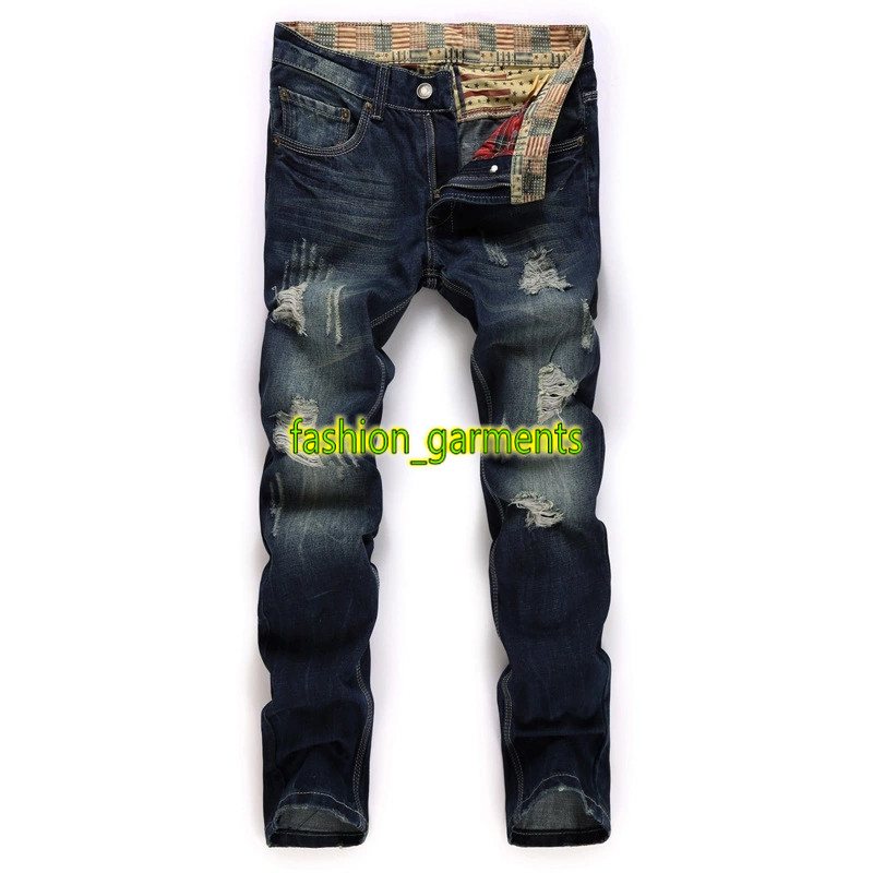 

New Men's stylist Trend Personality Trousers Men's Fashion Hole Jeans Straight Trousers Nostalgic Washed Denim Men's Trousers, Blue #965