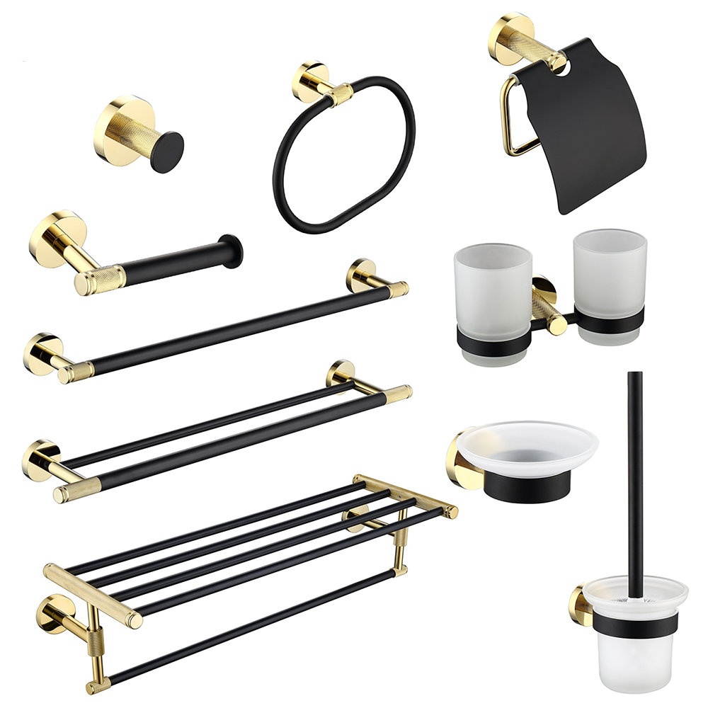 

Bathroom Hardware Set Black Robe Hook Gold Towel Rail Bar Rack Bar Ring Shelf Tissue Brass Paper Holder Toothbrush Holder Brush