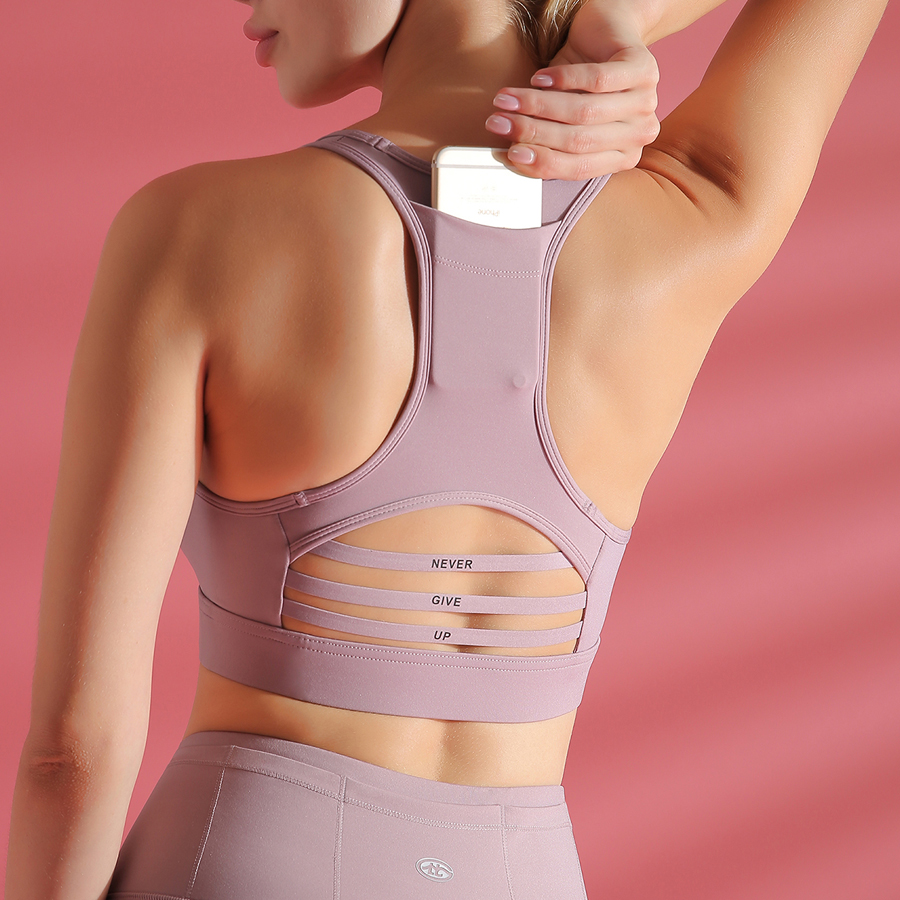 

BINAND Pocket Sports Bra Shockproof Gym Top Mesh Patchwork Yoga Bra Women Letter Print Fitness Top Slim Fit Training Workout, Black