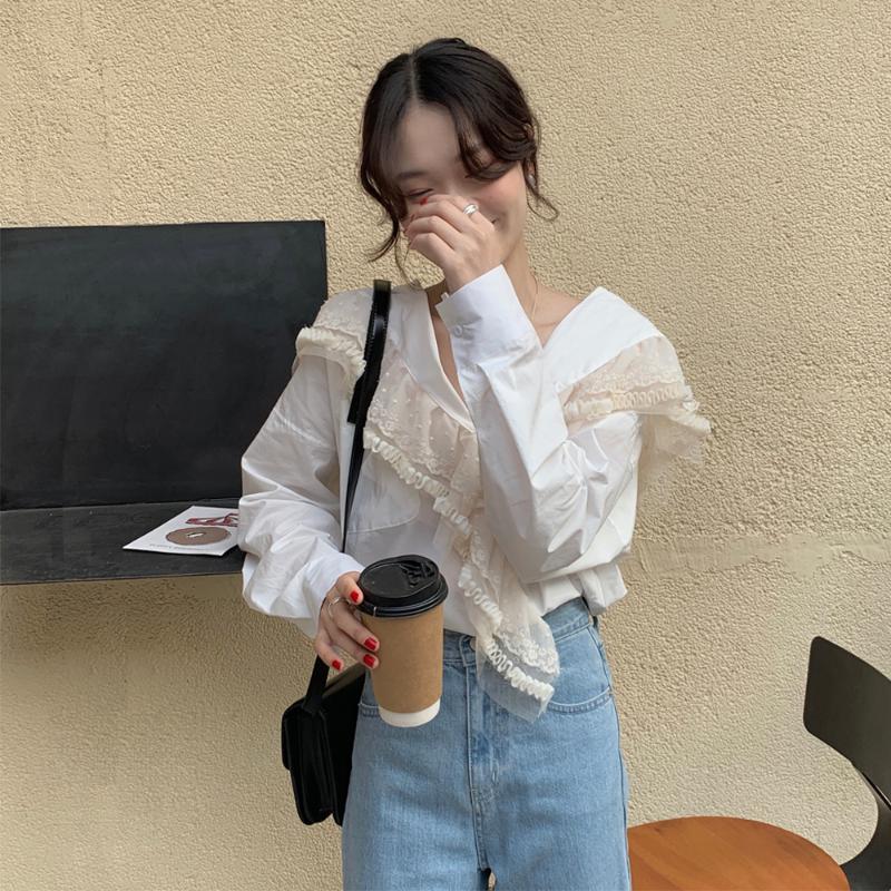 

Spring Vintage Womens Tops and Blouses V-neck Lace Ruffle Trim Patchwork Blusa Feminina Elegant Ladies Office Camisa Feminina, White