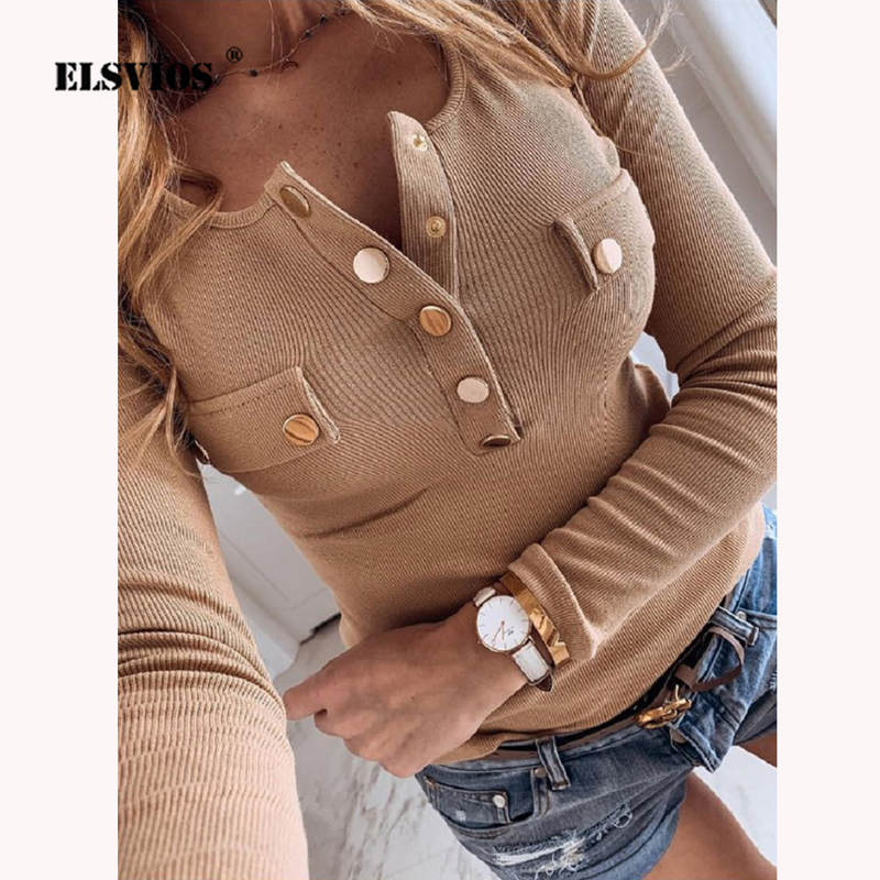 5XL femmes Chemises 2020 Printemps V-cou Boutons en métal maille côtelée Chemisier Mode manches longues solide Plus Size Tops Pull Automne Y20040
