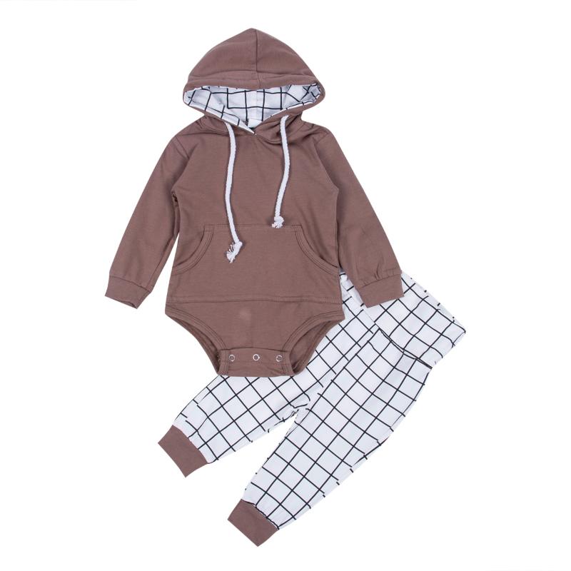 

2Pcs Newborn Baby Boy Clothes Brown Solid Hooded Long Sleeve Romper+Plaid Legging Pant Casual Outfit Newborn Clothes 0-18 Months, As pic