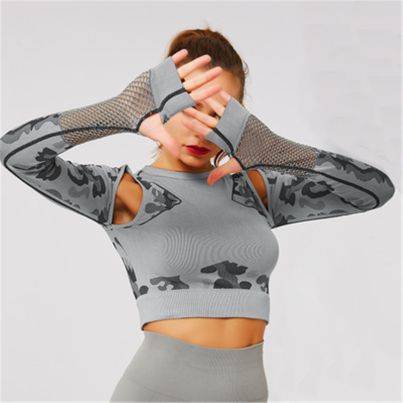 

Yoga Tops Women Fitness Sportswear Mesh Active Wear Long Sleeve Sports Tops Workout Shirt Running Jogging Athletic Clothes Women, T6039 gray