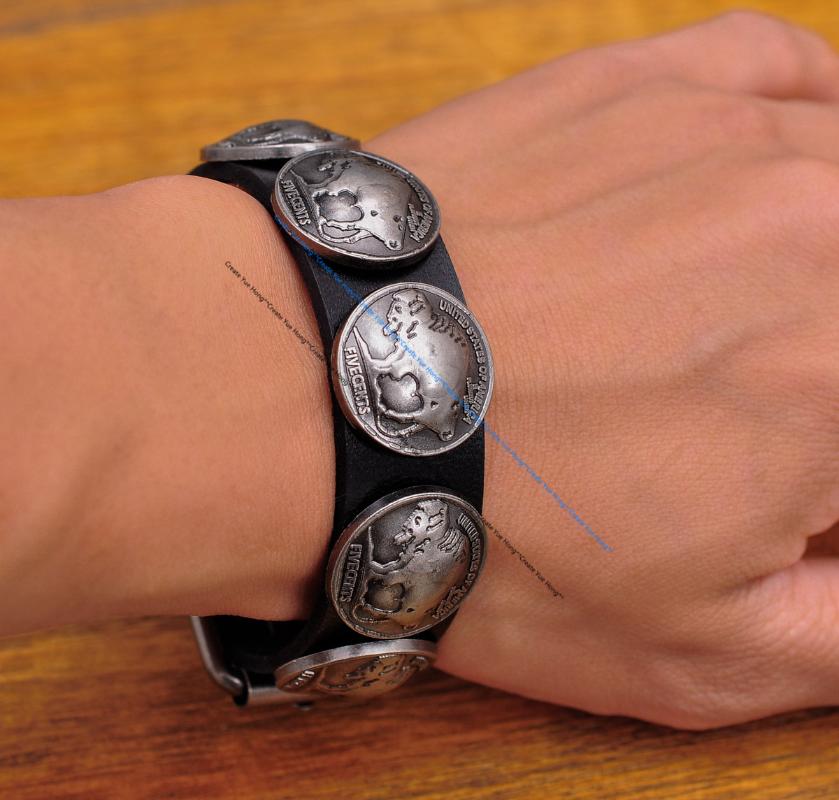 

Biker Motocycle Western Metal America Coin Concho Handmade Quality Veg Tan Leather Bracelet Wristband