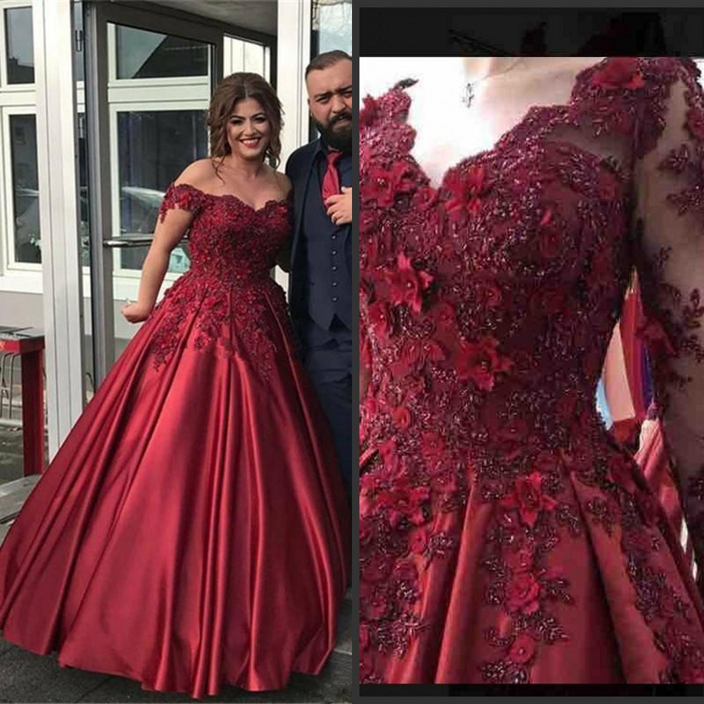 

Sexy Prom Dresses Burgundy Formal Evening Wear Party Pageant Gowns Off Shoulder Arabic Lace Applique 3D Flowers Satin Beads Cheap Vintage, Green