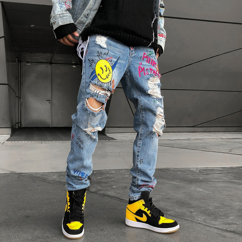 

2019 New Men Skinny Smiling Face Jeans Slim Fit Stretchy Blue Hole Jeans Cotton Lightweight Comfy Hip Hop Graffiti Denim