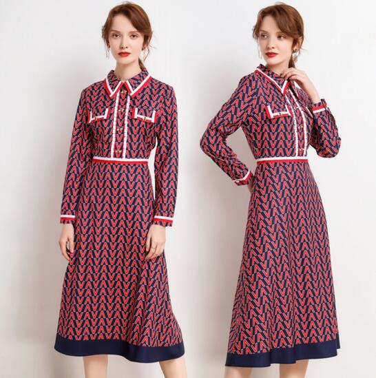 

New fall fashion lapel stitching printed A-line skirt, As the picture