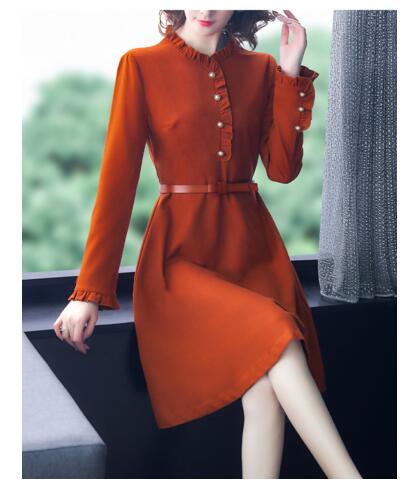 

Lace stand collar mid-length slimming A-line skirt long sleeve dress, As the picture