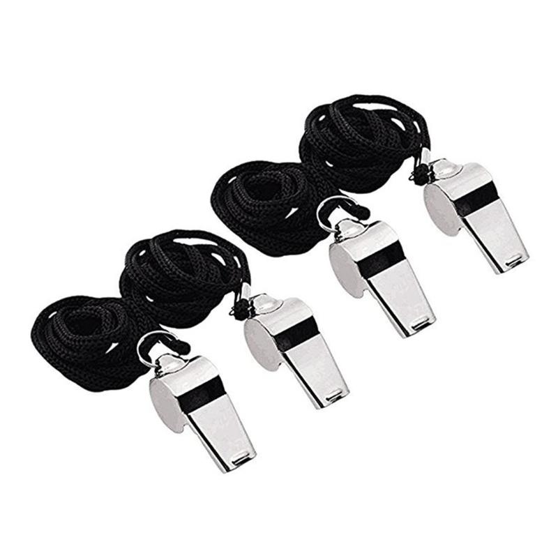 

4Pcs Referee Whistle Stainless Steel Extra Loud Whistle For School Sports Stainless Steel whistles Metal with black rope