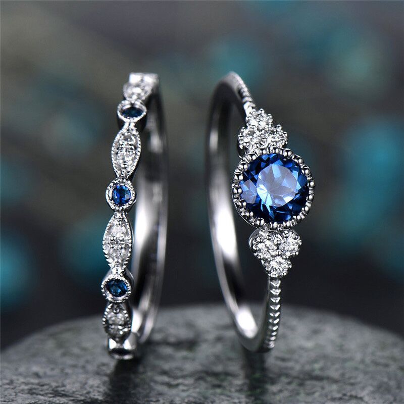 Fashion Womens Gift Beautiful Blue Green Gemstone Ring 2PCS /Set-image-439077417