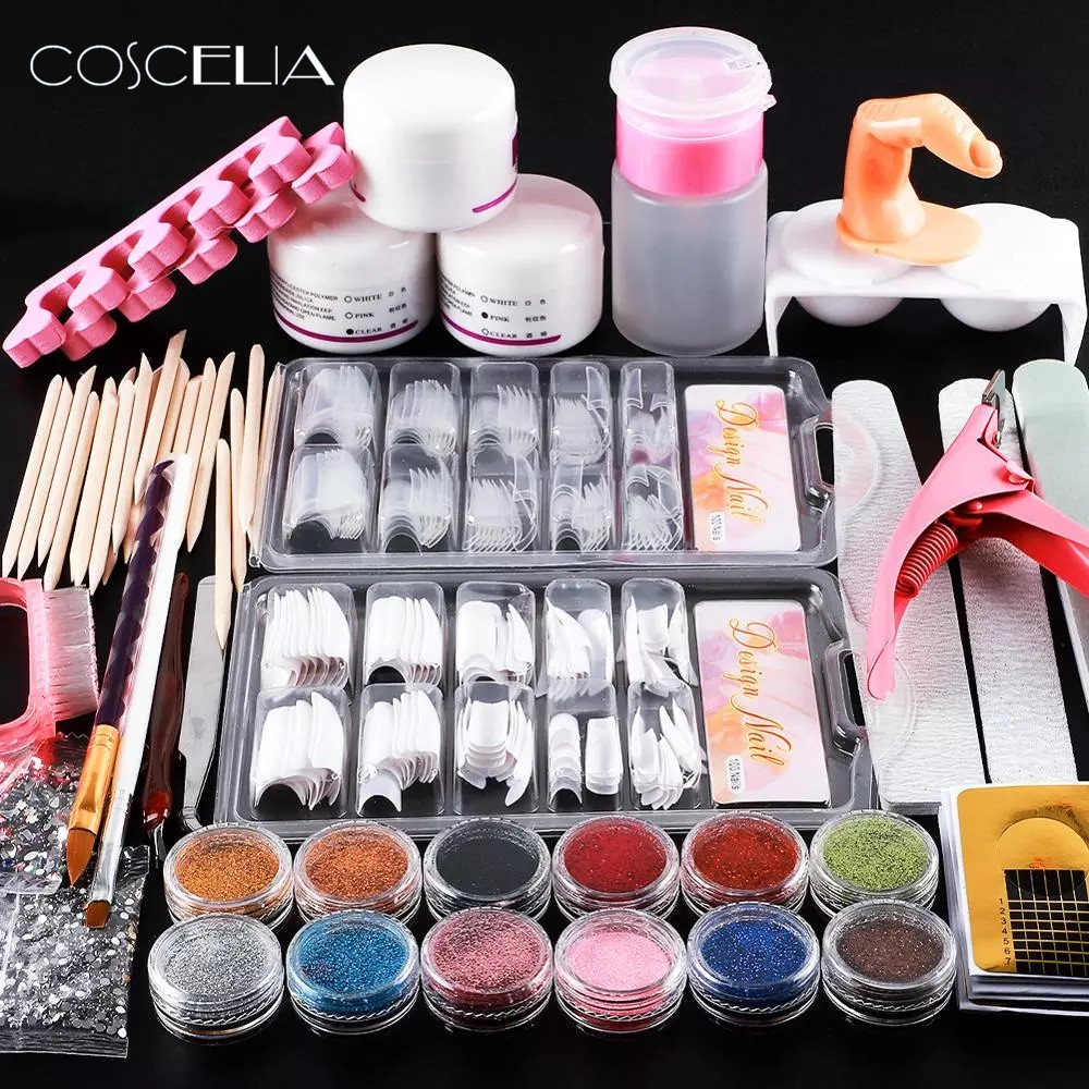 

Hot Acrylic Nail Art Manicure Kit 12 Color Nail Glitter Powder Decoration Acrylic Pen Brush False Finger Pump Nail Art Tools Kit Set